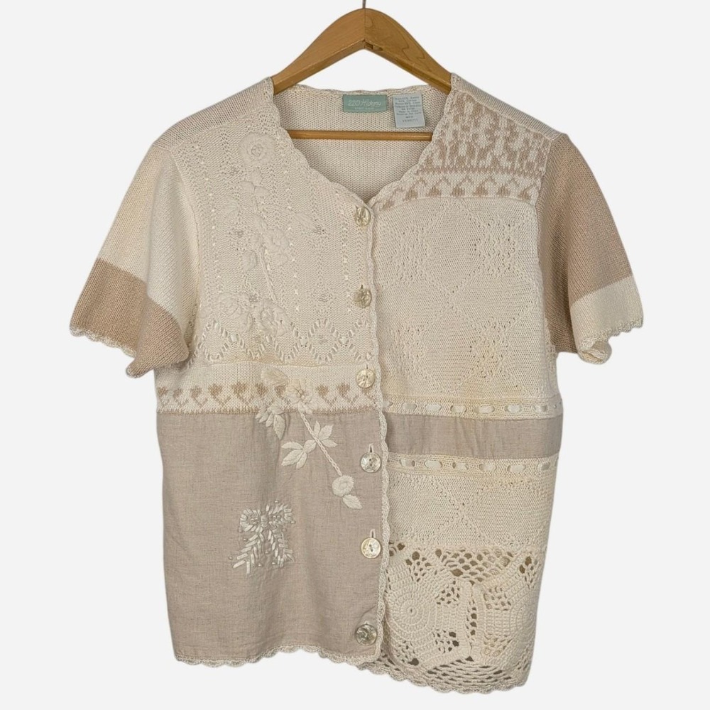 220 Hickory by Blair Mixed Media Linen Knit Cardigan Cream Medium